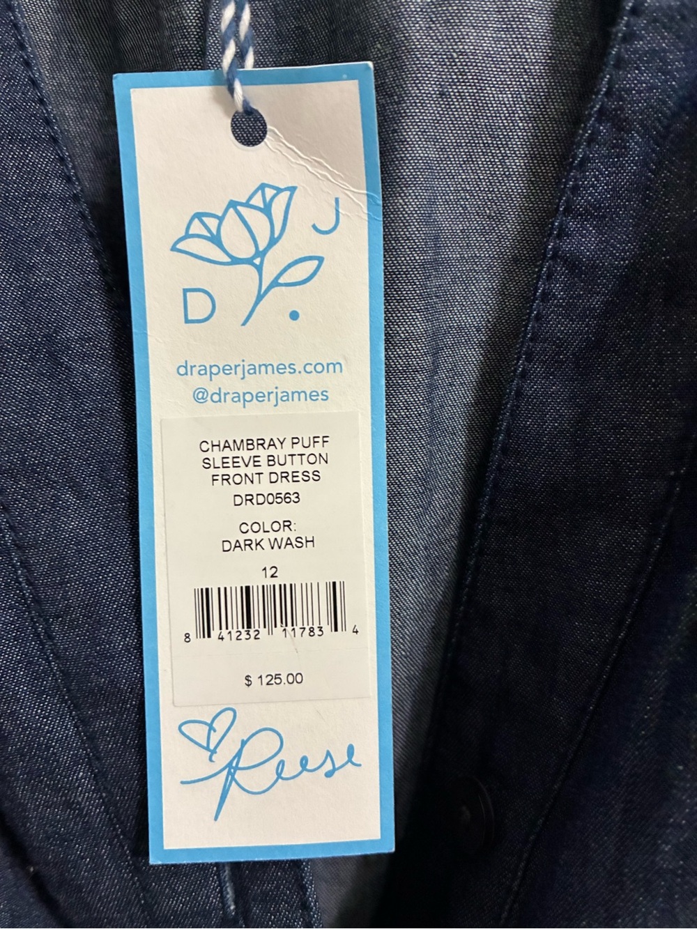 Draper James Navy Denim Button-Front Tie-Waist Shirt Dress NWT size 12 - Picture 3 of 6